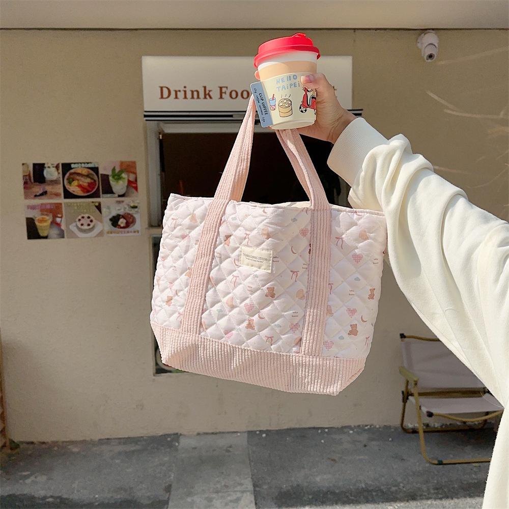 Shopping bag310263 可爱手提包女2023妈咪包便当包大容量绗缝夹棉手提通勤包