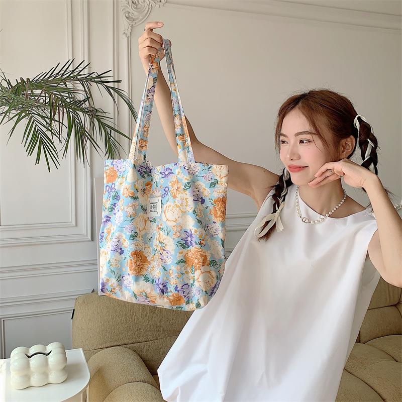 Shopping bag26101 春夏新款花朵棉单肩包大容量托特包女手提学生购物袋批发