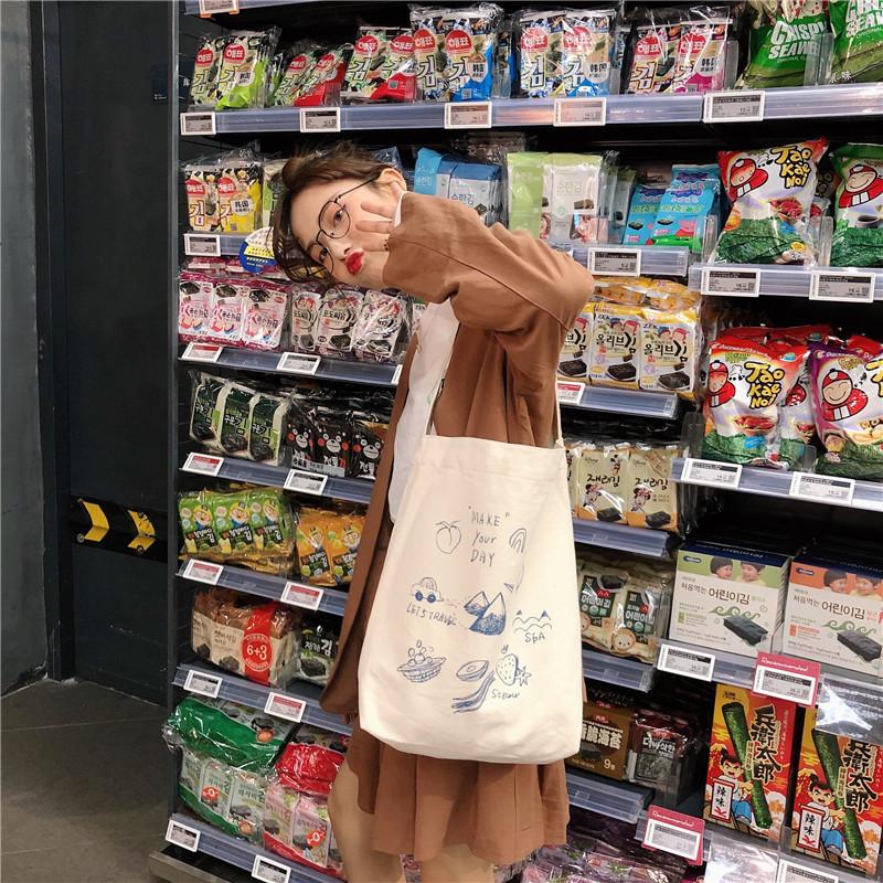 Shopping bag99304 ins单肩手提帆布包袋女可爱卡通插画托特包学生潮