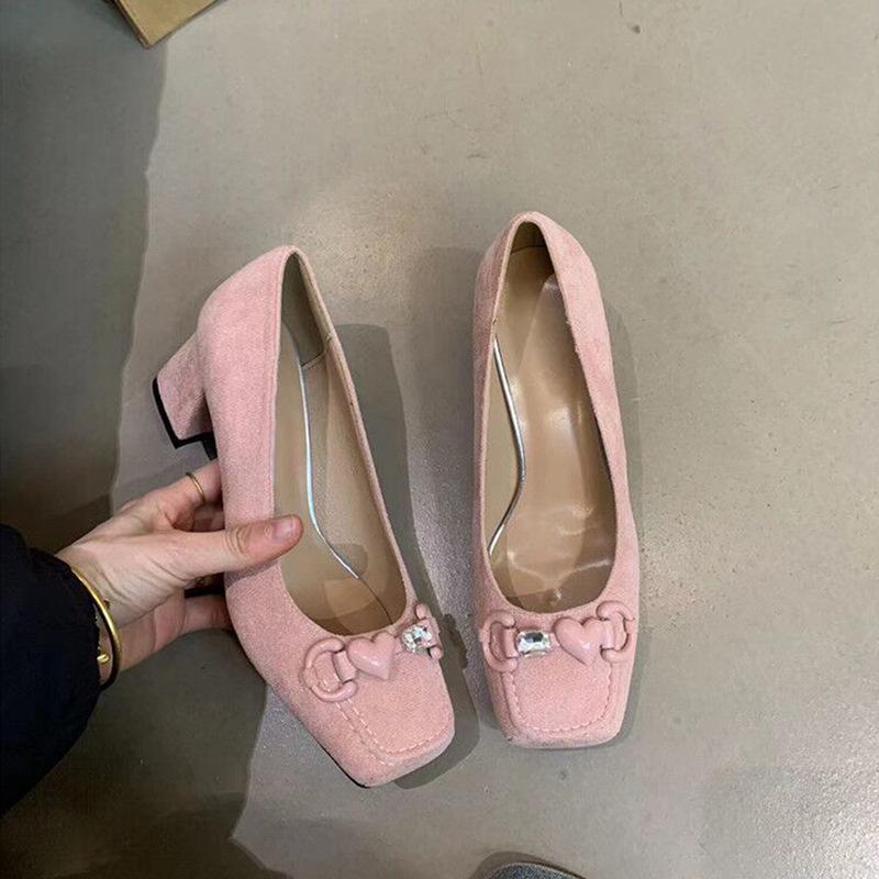 Chunky heel shoes气质!法式晚风单鞋女配裙子爱心水钻绒面方头浅口粗跟高跟工作鞋