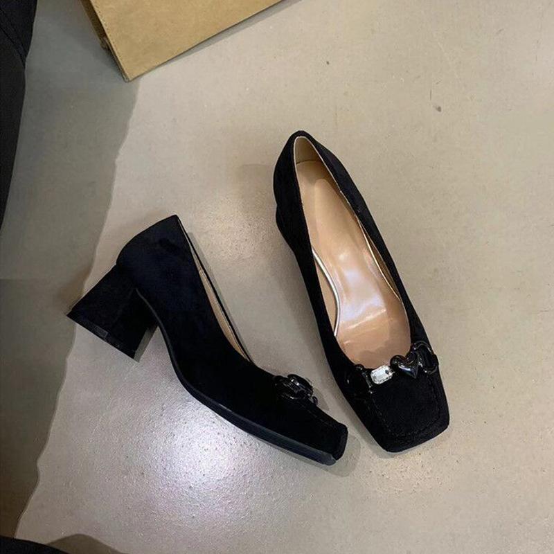 Chunky heel shoes气质!法式晚风单鞋女配裙子爱心水钻绒面方头浅口粗跟高跟工作鞋