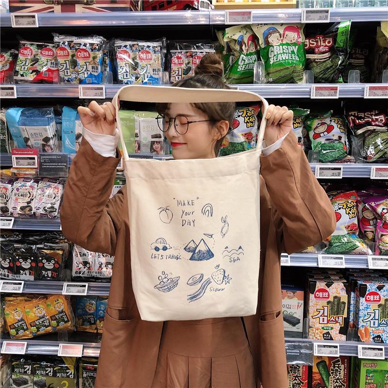 Shopping bag99304 ins单肩手提帆布包袋女可爱卡通插画托特包学生潮