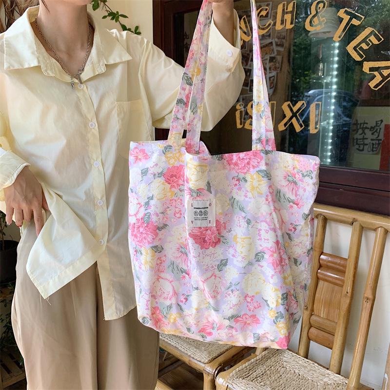 Shopping bag26101 春夏新款花朵棉单肩包大容量托特包女手提学生购物袋批发