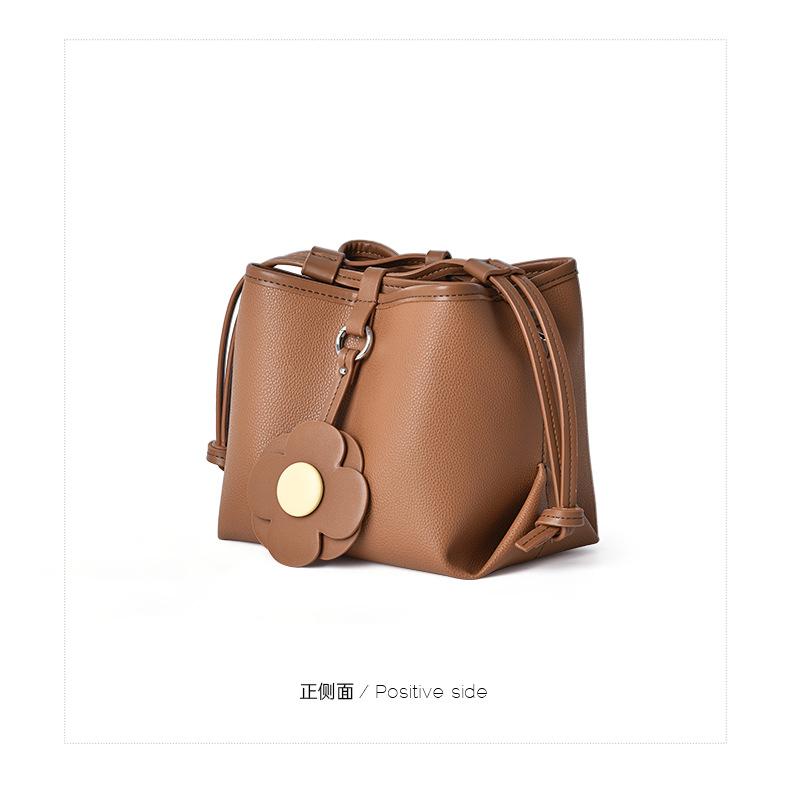 Shoulder handbag严选新款菜篮子包包女荔枝纹大容量水桶包抽绳花朵时尚单肩斜挎包