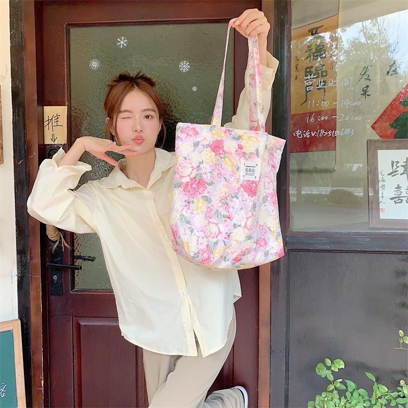 Shopping bag26101 春夏新款花朵棉单肩包大容量托特包女手提学生购物袋批发