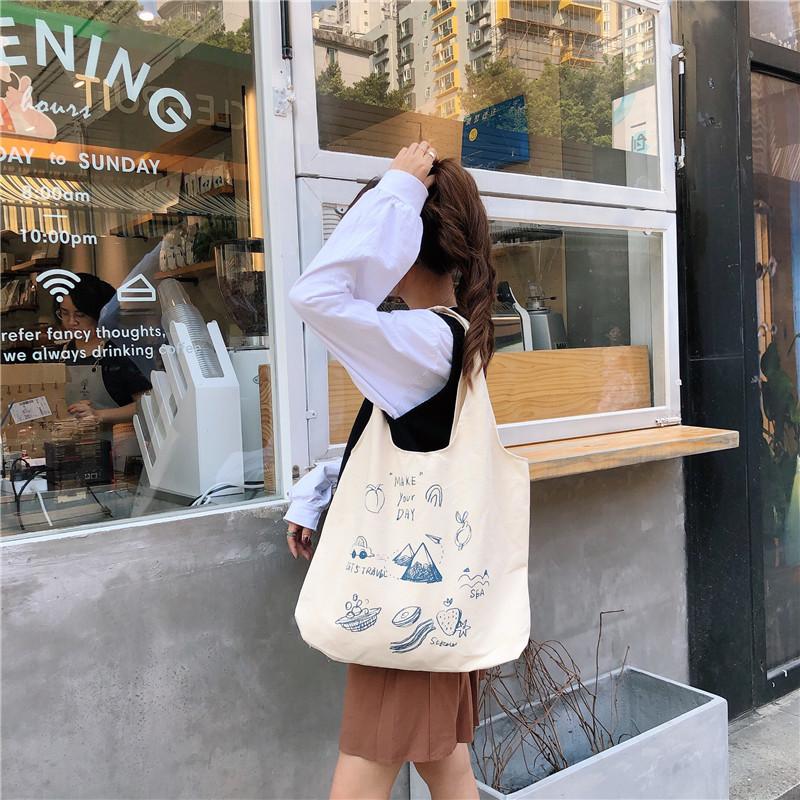 Shopping bag99304 ins单肩手提帆布包袋女可爱卡通插画托特包学生潮