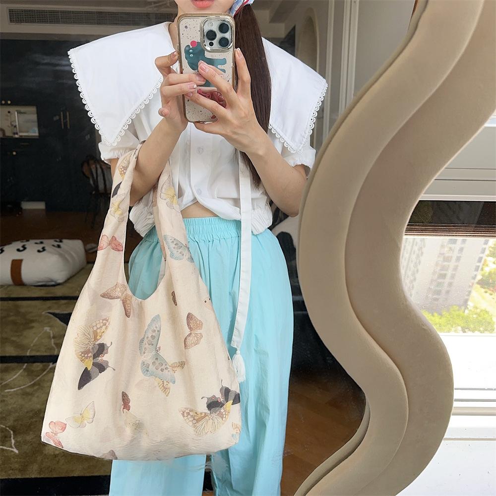 Shopping bag43292 国风中式蝴蝶帆布包女大容量背心单肩包轻薄学生手拎购物袋