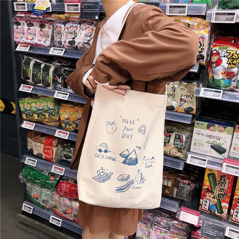 Shopping bag99304 ins单肩手提帆布包袋女可爱卡通插画托特包学生潮