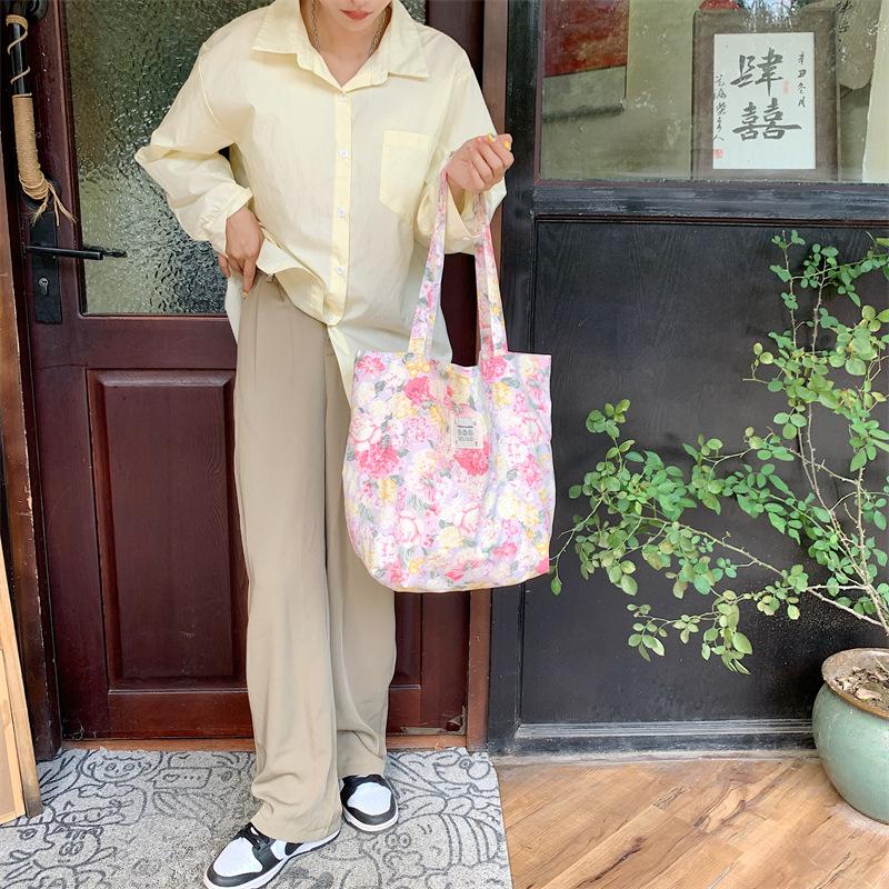 Shopping bag26101 春夏新款花朵棉单肩包大容量托特包女手提学生购物袋批发