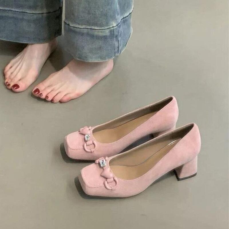 Chunky heel shoes气质!法式晚风单鞋女配裙子爱心水钻绒面方头浅口粗跟高跟工作鞋
