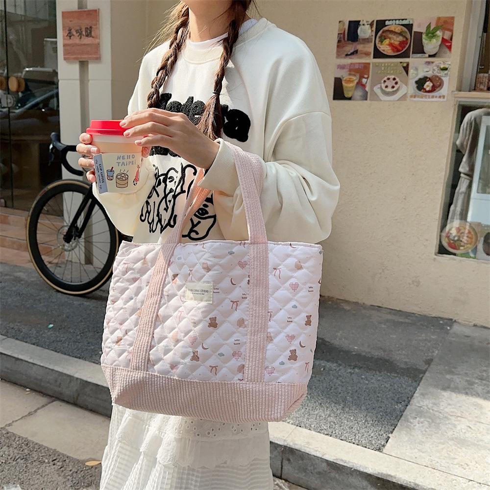 Shopping bag310263 可爱手提包女2023妈咪包便当包大容量绗缝夹棉手提通勤包