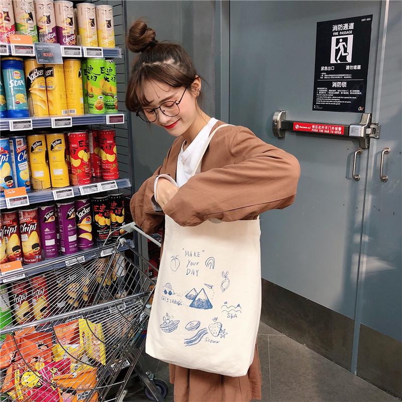 Shopping bag99304 ins单肩手提帆布包袋女可爱卡通插画托特包学生潮