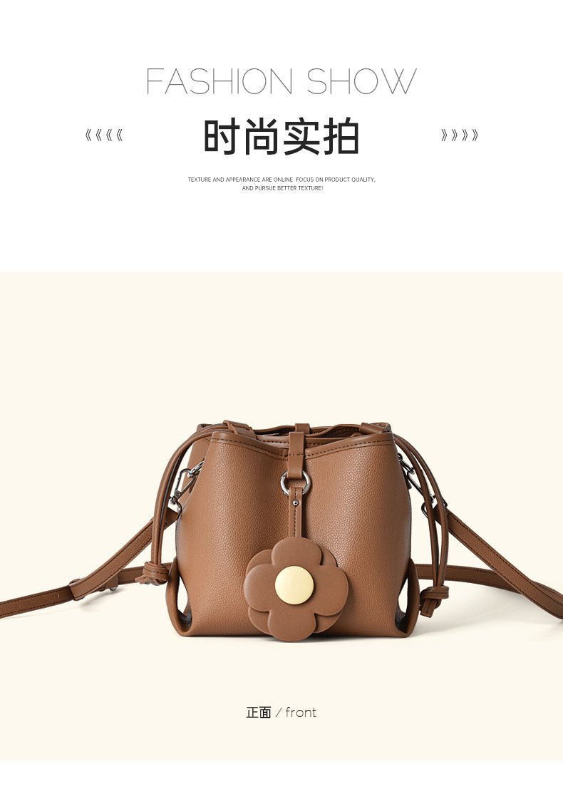Shoulder handbag严选新款菜篮子包包女荔枝纹大容量水桶包抽绳花朵时尚单肩斜挎包