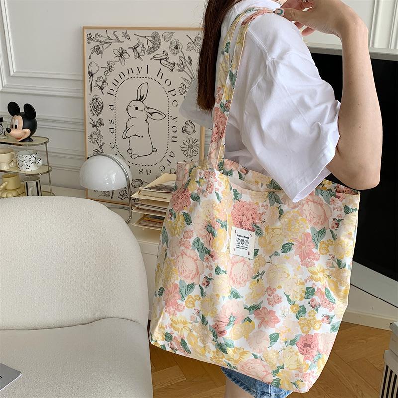 Shopping bag26101 春夏新款花朵棉单肩包大容量托特包女手提学生购物袋批发