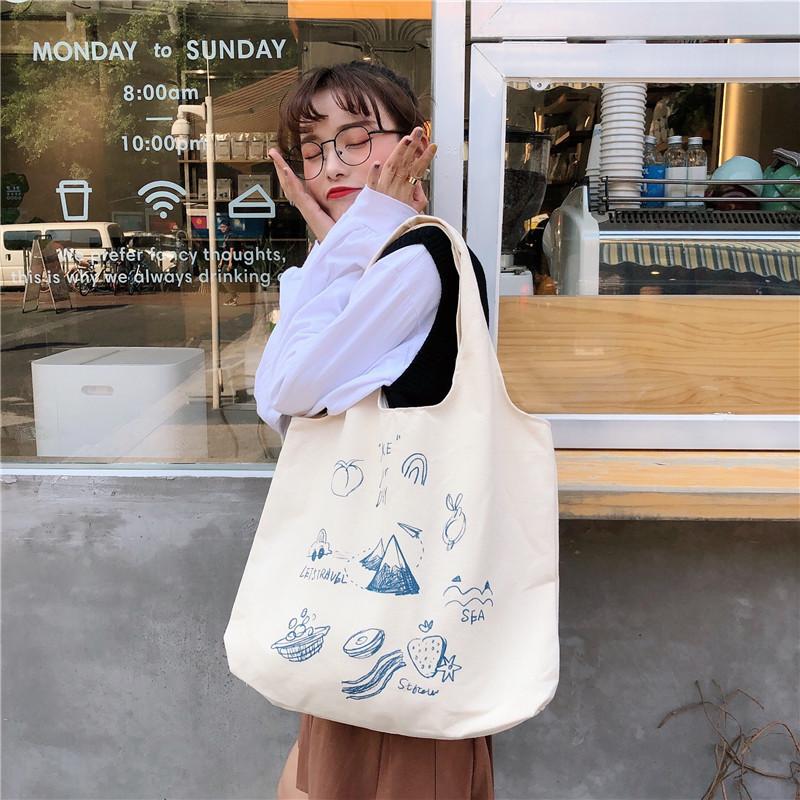 Shopping bag99304 ins单肩手提帆布包袋女可爱卡通插画托特包学生潮
