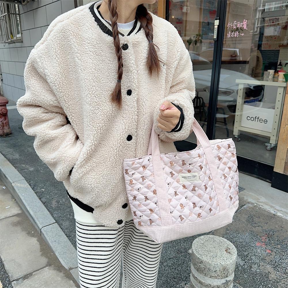 Shopping bag310263 可爱手提包女2023妈咪包便当包大容量绗缝夹棉手提通勤包