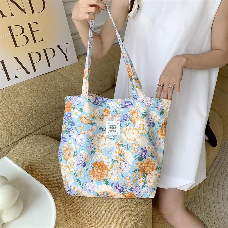 Shopping bag26101 春夏新款花朵棉单肩包大容量托特包女手提学生购物袋批发