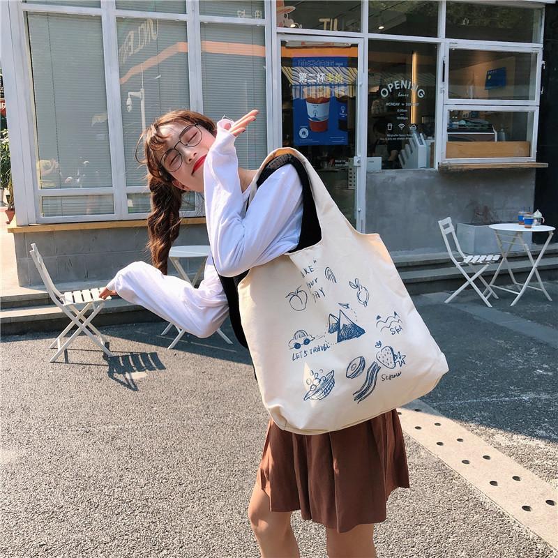 Shopping bag99304 ins单肩手提帆布包袋女可爱卡通插画托特包学生潮