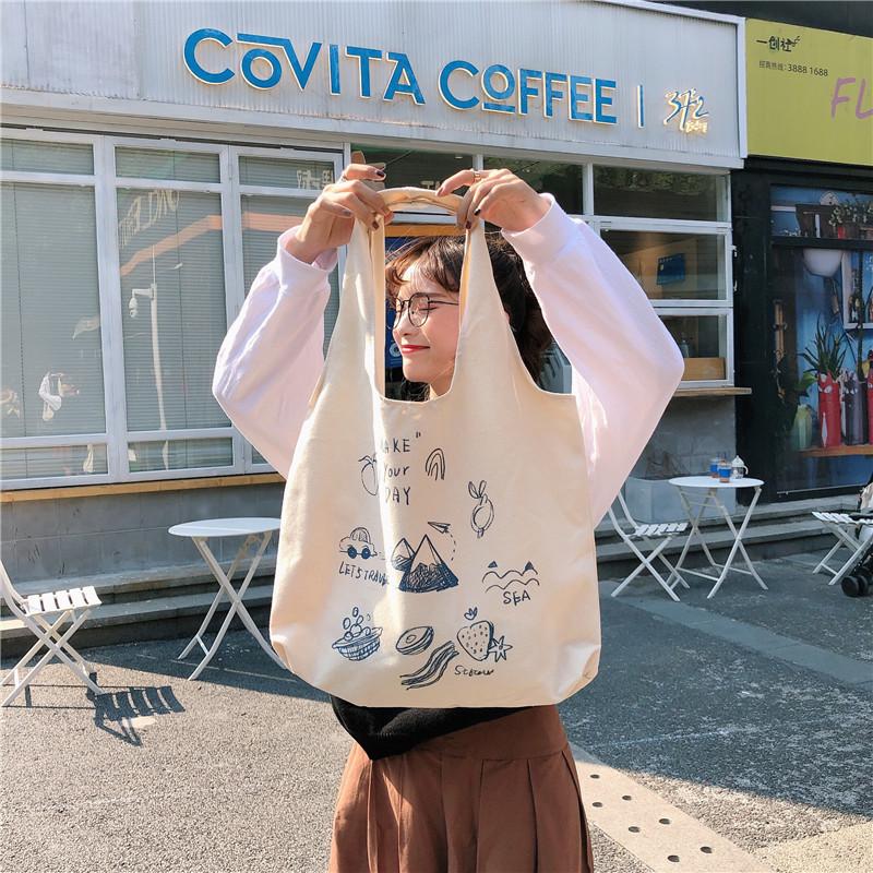 Shopping bag99304 ins单肩手提帆布包袋女可爱卡通插画托特包学生潮