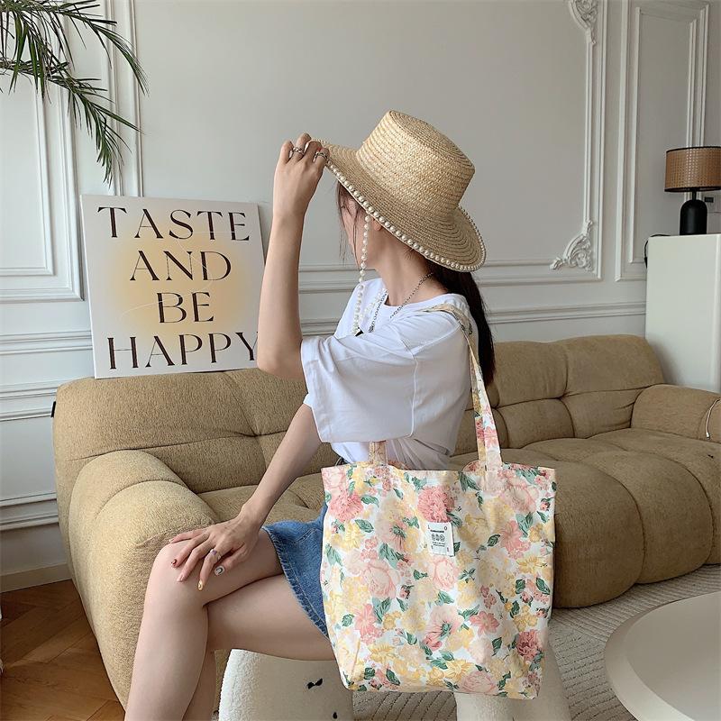Shopping bag26101 春夏新款花朵棉单肩包大容量托特包女手提学生购物袋批发