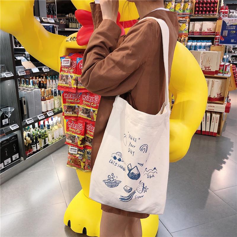 Shopping bag99304 ins单肩手提帆布包袋女可爱卡通插画托特包学生潮