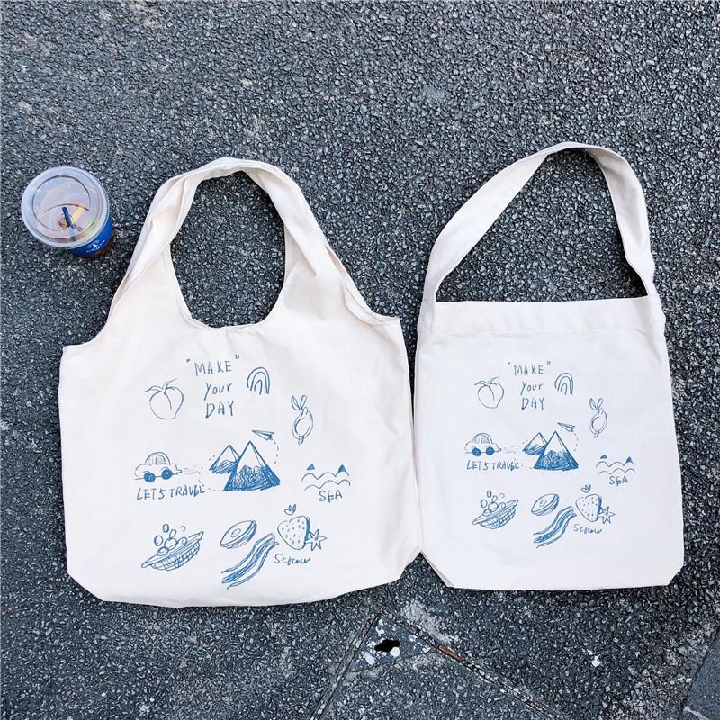Shopping bag99304 ins单肩手提帆布包袋女可爱卡通插画托特包学生潮