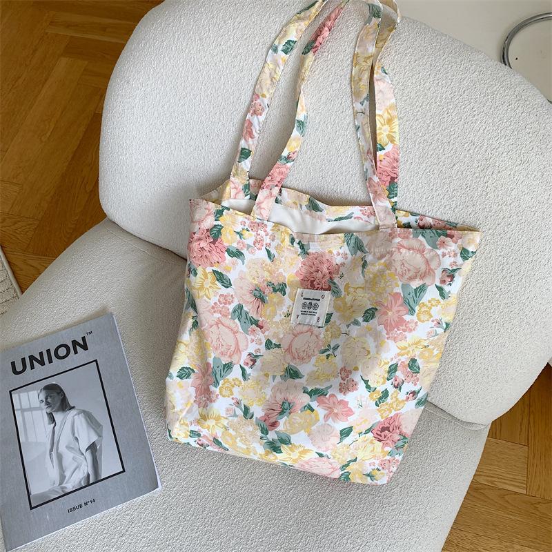 Shopping bag26101 春夏新款花朵棉单肩包大容量托特包女手提学生购物袋批发