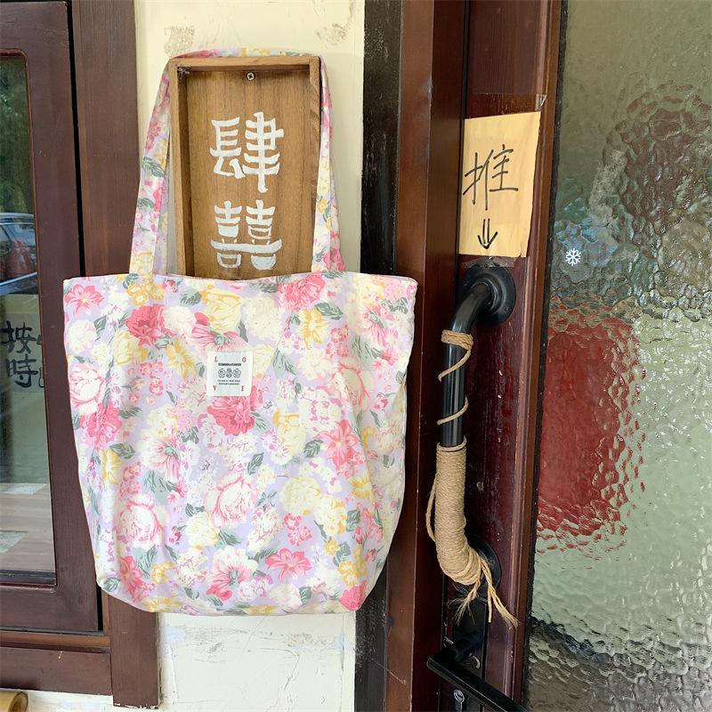 Shopping bag26101 春夏新款花朵棉单肩包大容量托特包女手提学生购物袋批发