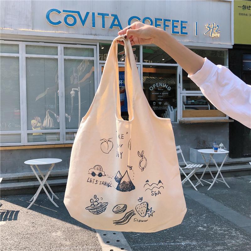 Shopping bag99304 ins单肩手提帆布包袋女可爱卡通插画托特包学生潮