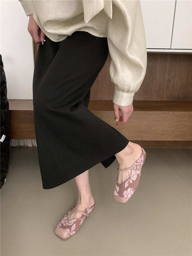 Baotou sandals国风包头半拖鞋女外穿2024新款夏季平底方头女鞋新中式玛丽珍凉拖