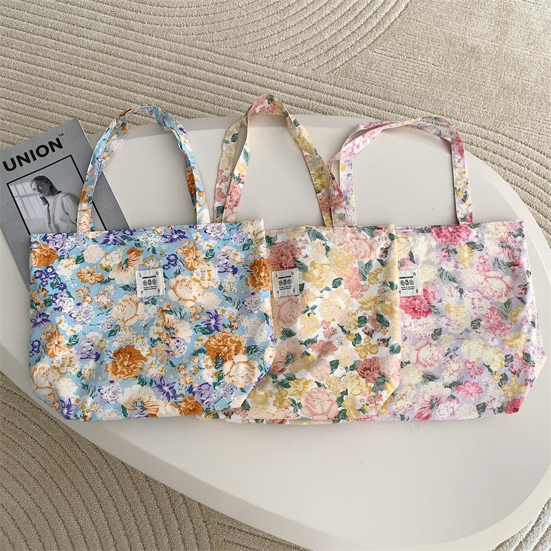 Shopping bag26101 春夏新款花朵棉单肩包大容量托特包女手提学生购物袋批发
