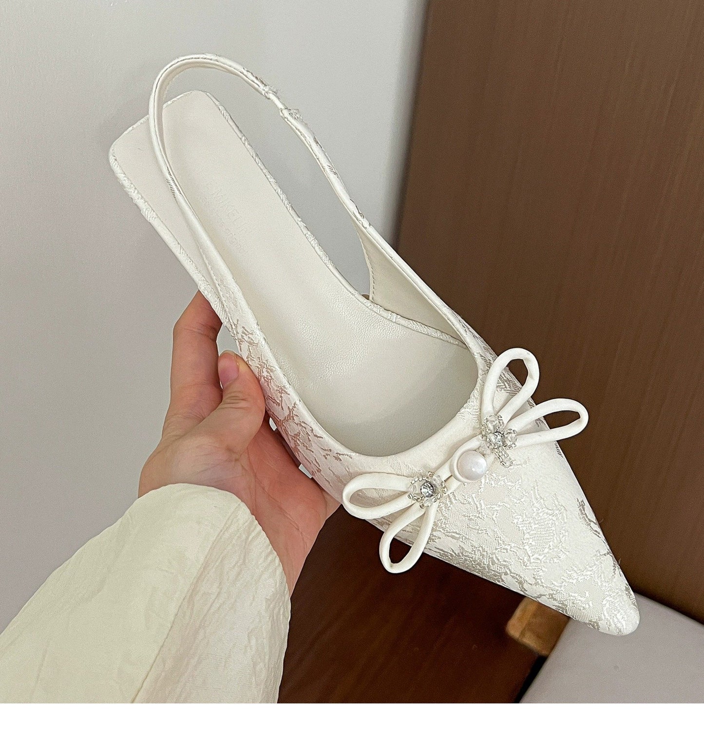 Chunky heel shoes白莲浮生!尖头新中式蝴蝶结高跟凉鞋女春夏后空浅口2024新款