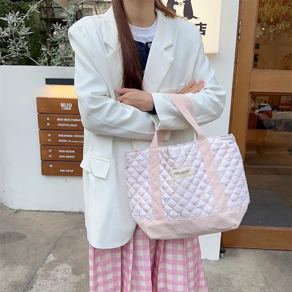 Shopping bag310263 可爱手提包女2023妈咪包便当包大容量绗缝夹棉手提通勤包