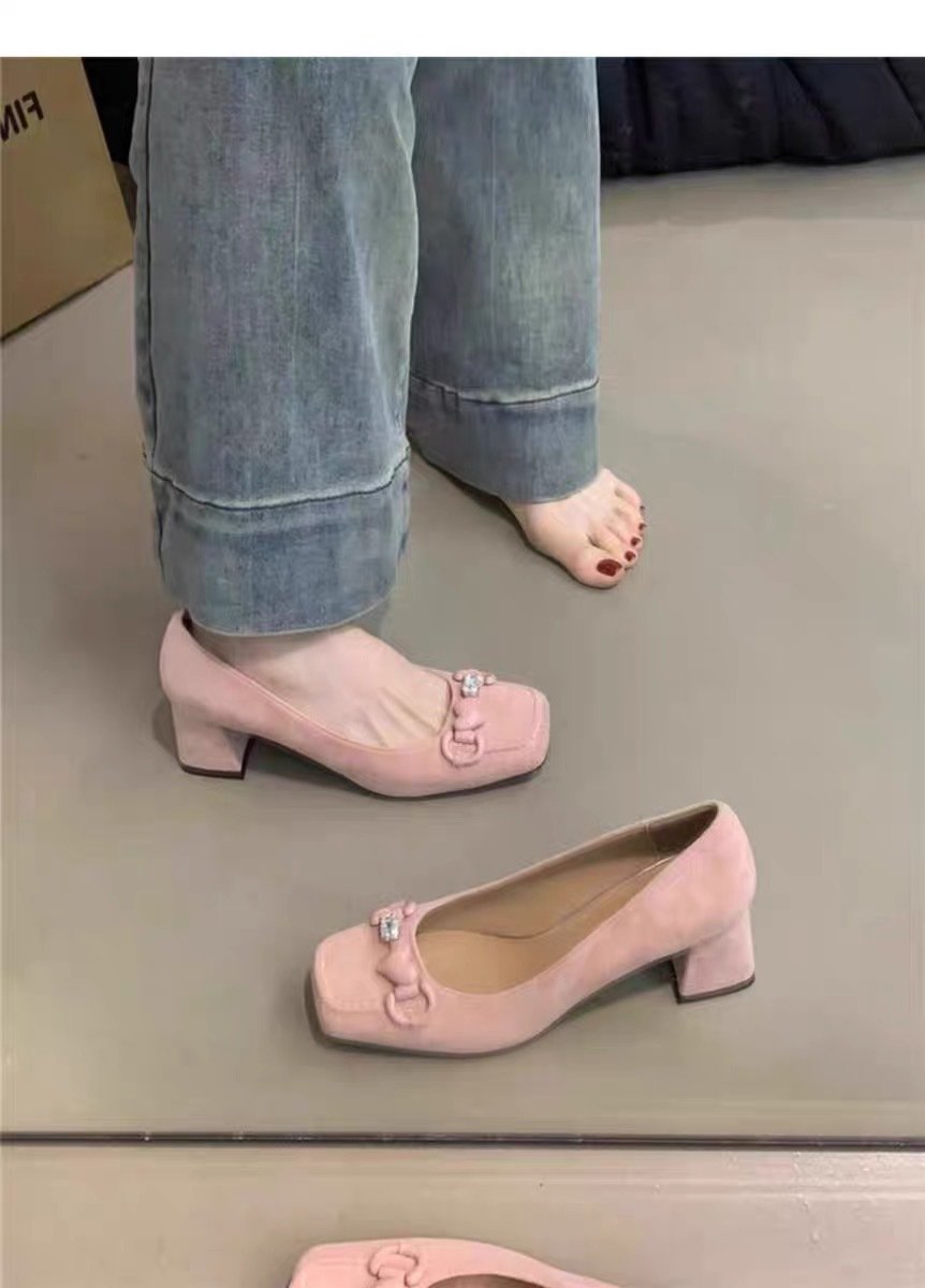 Chunky heel shoes气质!法式晚风单鞋女配裙子爱心水钻绒面方头浅口粗跟高跟工作鞋