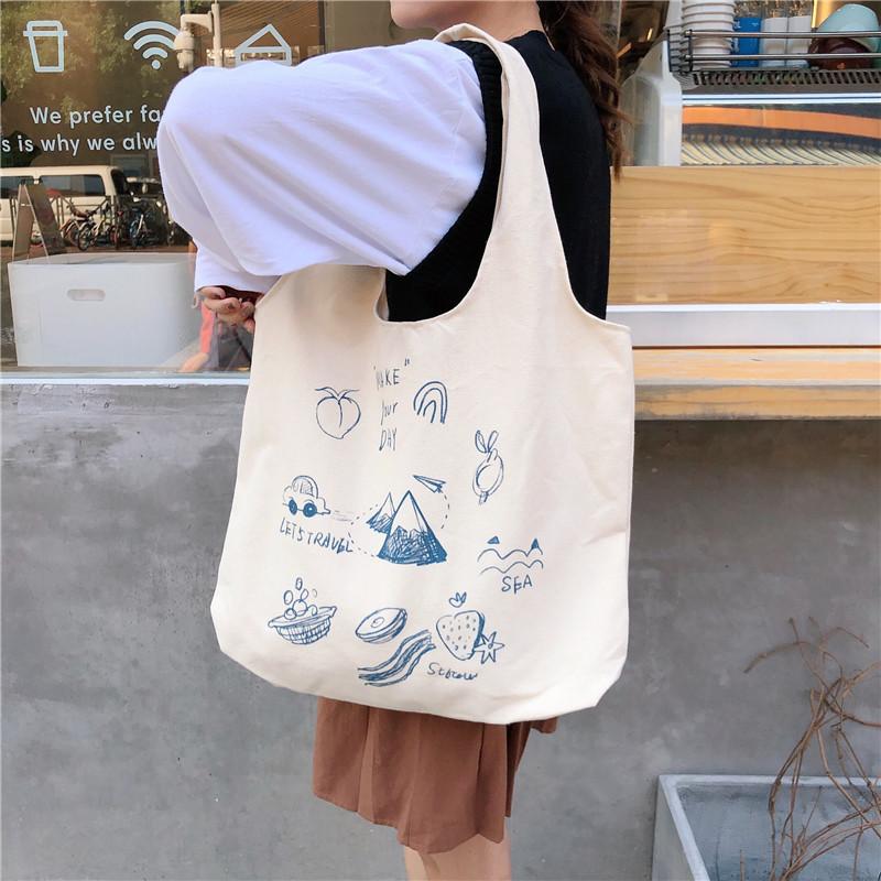 Shopping bag99304 ins单肩手提帆布包袋女可爱卡通插画托特包学生潮