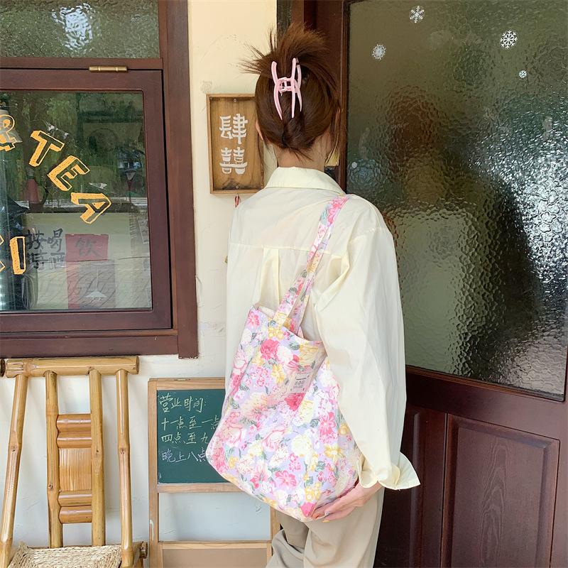Shopping bag26101 春夏新款花朵棉单肩包大容量托特包女手提学生购物袋批发