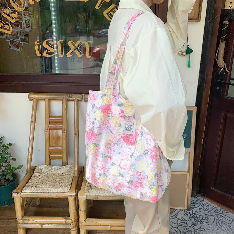 Shopping bag26101 春夏新款花朵棉单肩包大容量托特包女手提学生购物袋批发