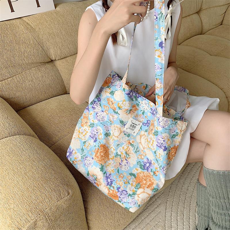 Shopping bag26101 春夏新款花朵棉单肩包大容量托特包女手提学生购物袋批发