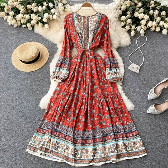 Bohemian Retro Ethnic Style Floral Waist Long Skirt