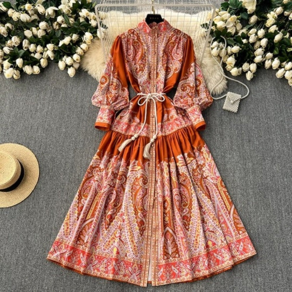 Bohemian Elegant Ethnic Style Stand-up Collar Single-breasted Waist Slim Long Skirt