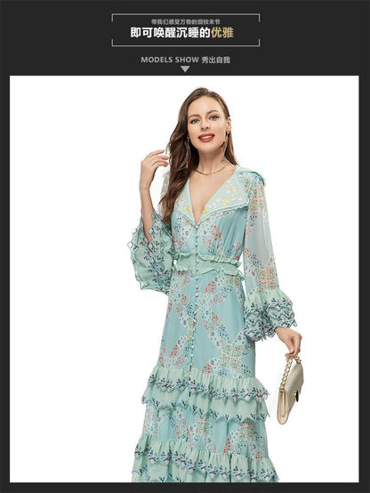 23 European and American women's French high-end spring and summer new holiday printing fashionable gentle temperament dress 231912