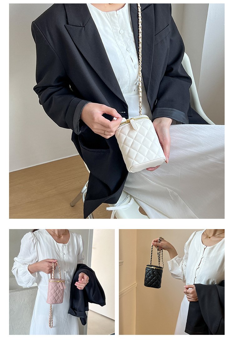 Shoulder handbagins韩国mini盒子圆筒包单肩口红包女百搭小香风菱格链条斜挎小包