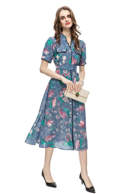 Party 2023 European and American Cross-border Light Luxury Women's Summer New French Casual Printed Belt Slim Fit dress 232406