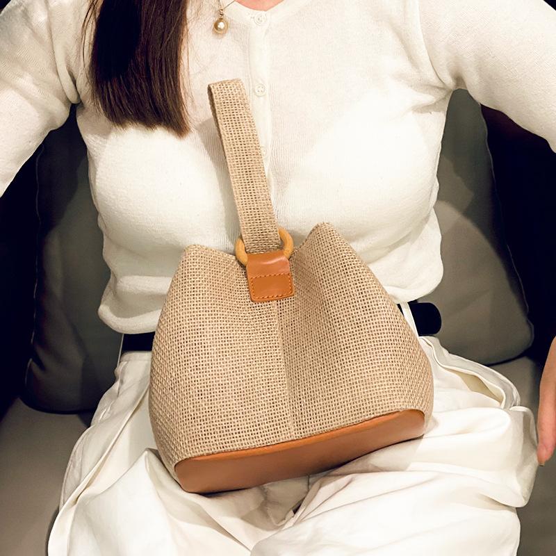 Shoulder handbag【加工定制】亚麻编织手提包 民族风时尚手拎包网红ins编织水桶