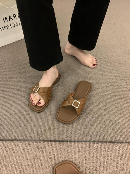 Open-toed sandals法式复古皮带扣一字拖鞋女夏外穿海边度假休闲沙滩鞋露趾平底凉拖