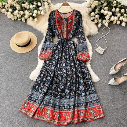 Bohemian Retro Ethnic Style Floral Waist Long Skirt