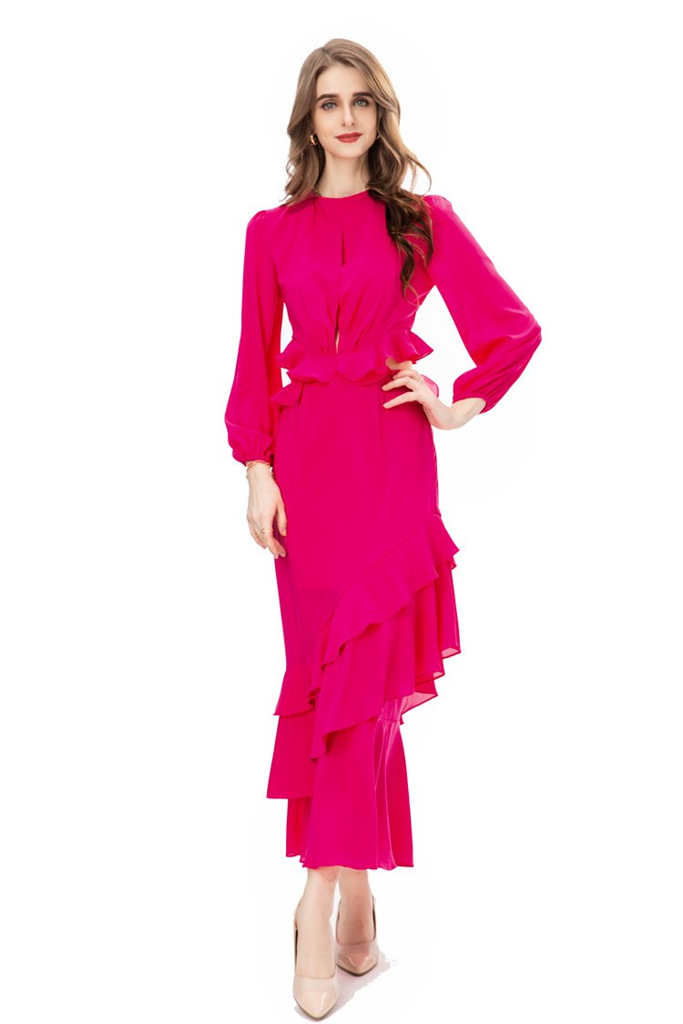 2022 autumn and winter new temperament fashion women's long sleeve side exposed waist ruffled hollow sexy dress 225402