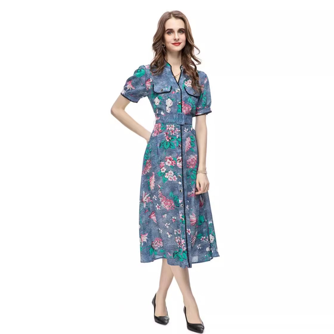 Party 2023 European and American Cross-border Light Luxury Women's Summer New French Casual Printed Belt Slim Fit dress 232406