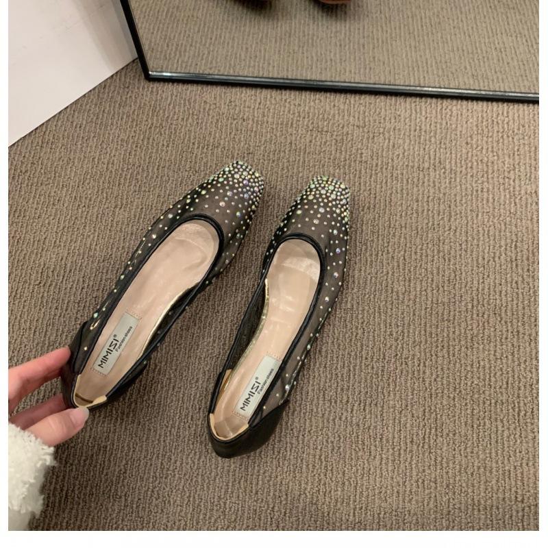 Flat shoes2024年春秋季新款法式平底方头水钻一脚蹬单鞋女网纱透气浅口奶奶