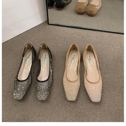 Flat shoes2024年春秋季新款法式平底方头水钻一脚蹬单鞋女网纱透气浅口奶奶